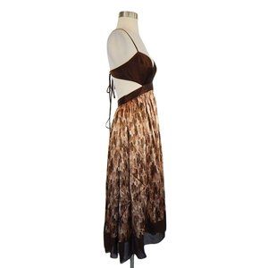 BCBG Maxazria Brown Print 100% Silk Flowy Cutout Waist Strappy Dress NEW Size 4
